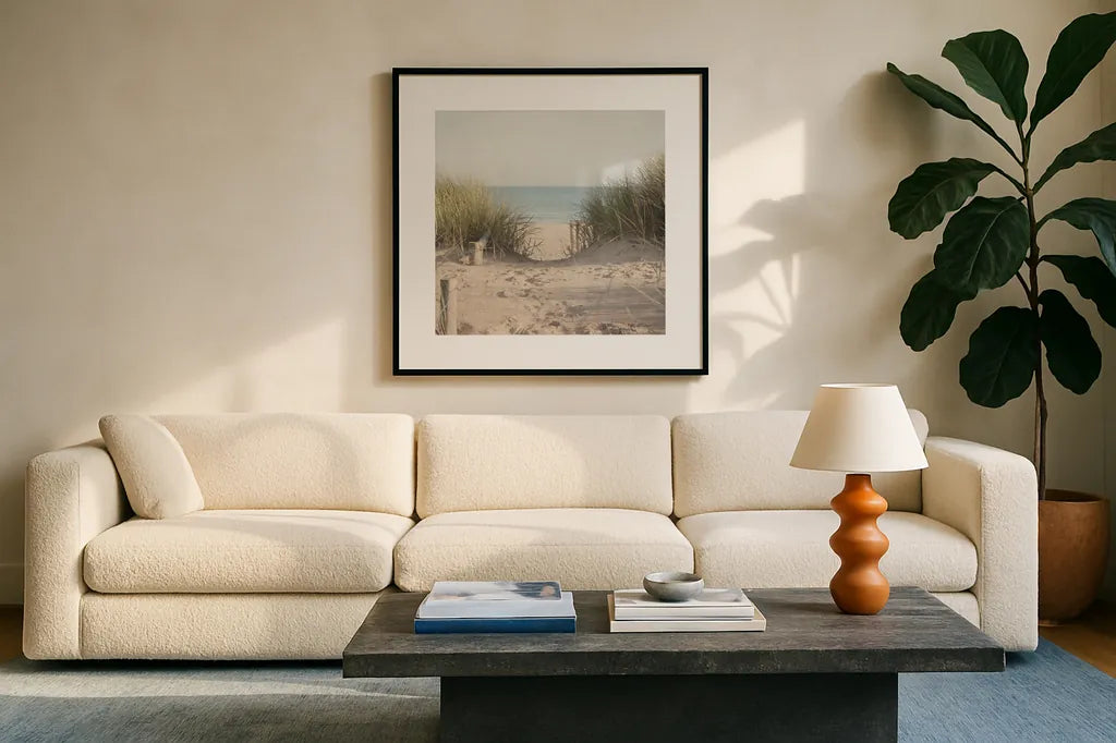 Beach Grasses by Pela Studio. Displayed in a glass frame with matte in a clean modern living room. Available as an archival giclee rolled canvas, fine art paper, or poster print. SKU 76251a.
