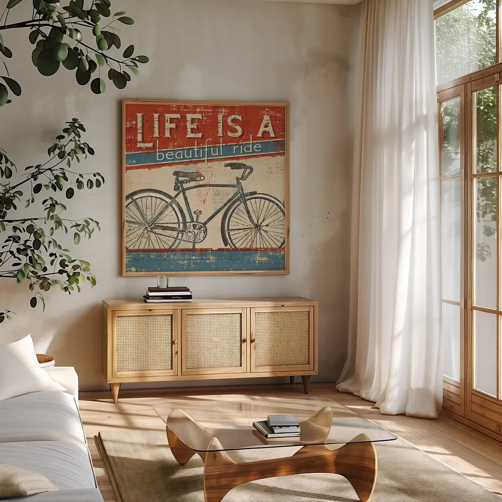 Beautiful Ride I by Pela Studio. Shown in a natural wood frame in a cozy modern living room. Available as an archival giclee rolled canvas, fine art paper, or poster print. SKU 10367a.