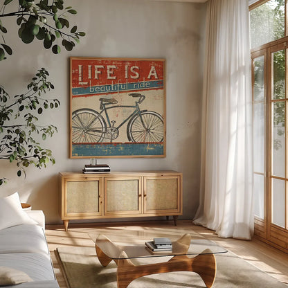 Beautiful Ride I by Pela Studio. Shown in a natural wood frame in a cozy modern living room. Available as an archival giclee rolled canvas, fine art paper, or poster print. SKU 10367a.