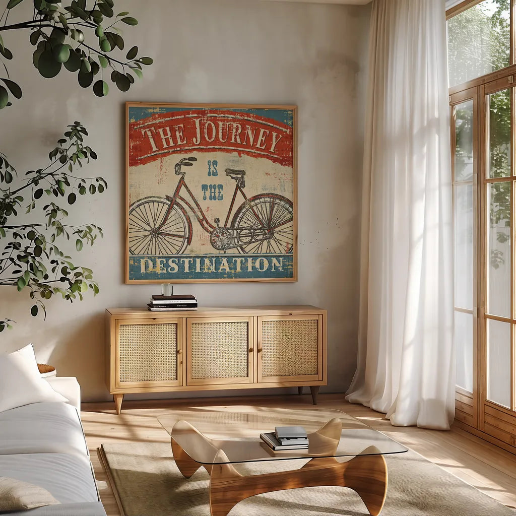 Beautiful Ride II by Pela Studio. Shown in a natural wood frame in a cozy modern living room. Available as an archival giclee rolled canvas, fine art paper, or poster print. SKU 10368a.