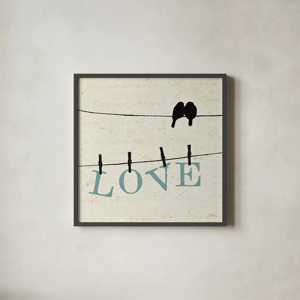 Bird Talk II by Pela Studio. Shown in a sleek black glass frame for a contemporary gallery look. Available as an archival giclee rolled canvas, fine art paper, or poster print. SKU 10589a.