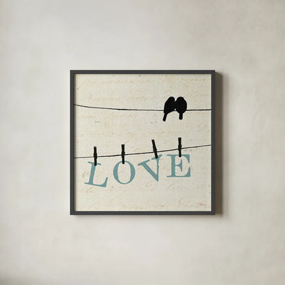 Bird Talk II by Pela Studio. Shown in a sleek black glass frame for a contemporary gallery look. Available as an archival giclee rolled canvas, fine art paper, or poster print. SKU 10589a.