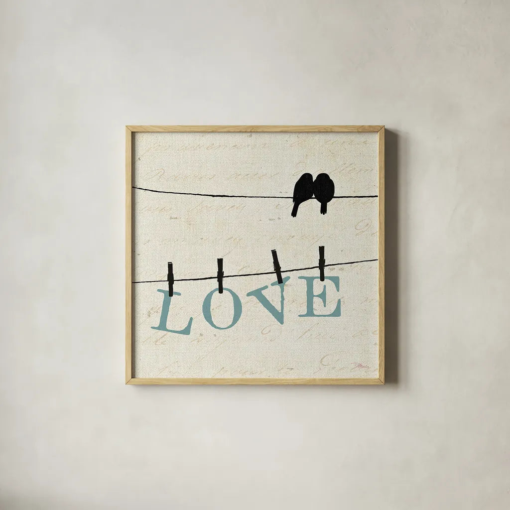 Bird Talk II by Pela Studio. Shown in a natural wood glass frame for a timeless modern aesthetic. Available as an archival giclee rolled canvas, fine art paper, or poster print. SKU 10589a.