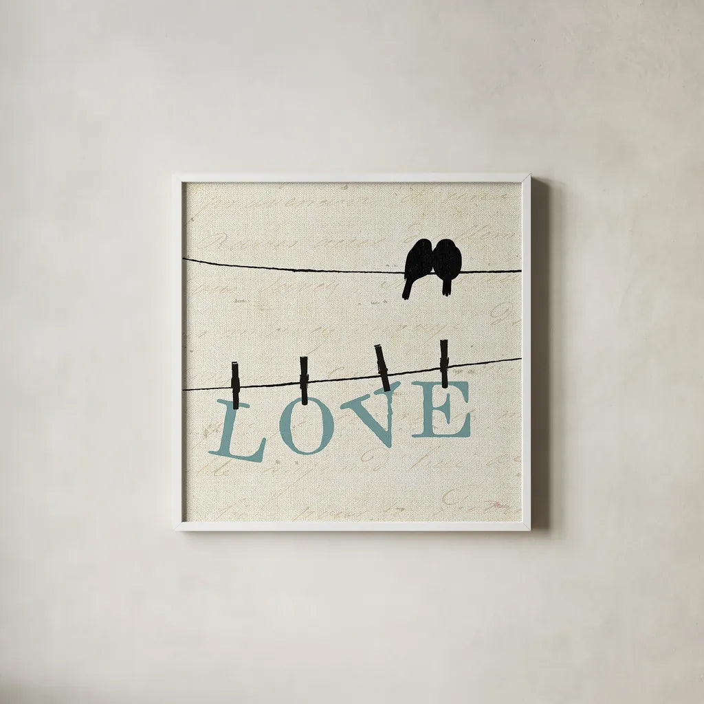 Bird Talk II by Pela Studio. Shown in a crisp white glass frame for a clean and minimalist style. Available as an archival giclee rolled canvas, fine art paper, or poster print. SKU 10589a.