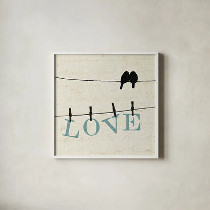 Bird Talk II by Pela Studio. Shown in a crisp white glass frame for a clean and minimalist style. Available as an archival giclee rolled canvas, fine art paper, or poster print. SKU 10589a.