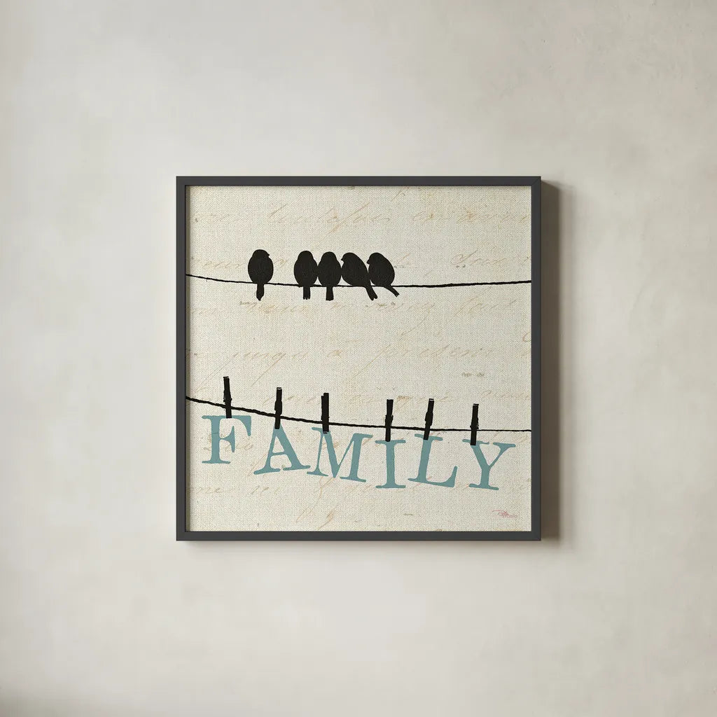 Bird Talk III by Pela Studio. Shown in a sleek black glass frame for a contemporary gallery look. Available as an archival giclee rolled canvas, fine art paper, or poster print. SKU 10590a.