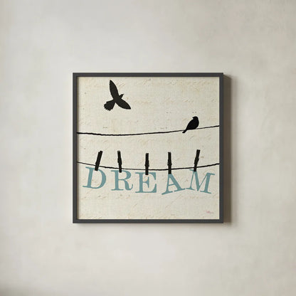 Bird Talk IV by Pela Studio. Shown in a sleek black glass frame for a contemporary gallery look. Available as an archival giclee rolled canvas, fine art paper, or poster print. SKU 10591a.