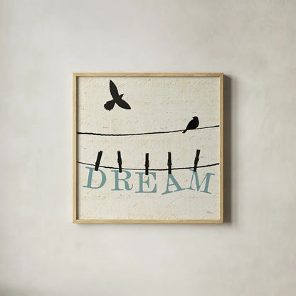 Bird Talk IV by Pela Studio. Shown in a natural wood glass frame for a timeless modern aesthetic. Available as an archival giclee rolled canvas, fine art paper, or poster print. SKU 10591a.