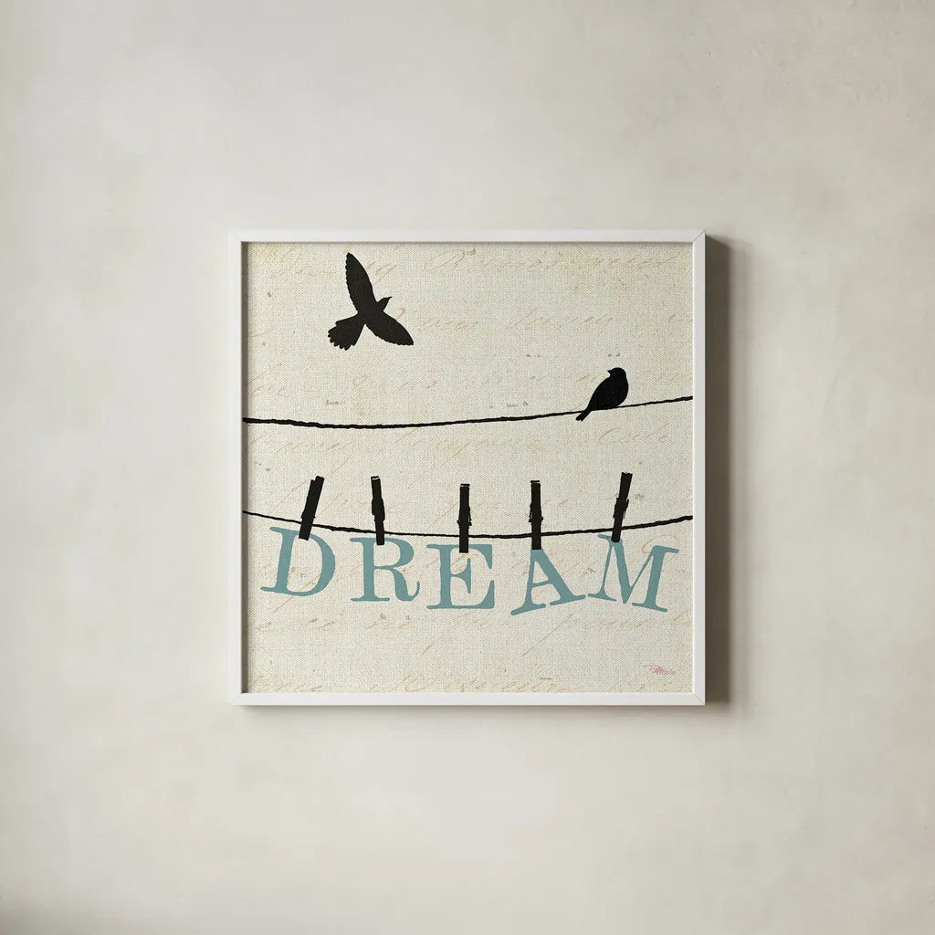 Bird Talk IV by Pela Studio. Shown in a crisp white glass frame for a clean and minimalist style. Available as an archival giclee rolled canvas, fine art paper, or poster print. SKU 10591a.