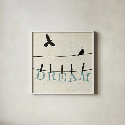 Bird Talk IV by Pela Studio. Shown in a crisp white glass frame for a clean and minimalist style. Available as an archival giclee rolled canvas, fine art paper, or poster print. SKU 10591a.