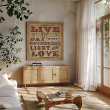 Blessed II Sq by Pela Studio. Shown in a natural wood frame in a cozy modern living room. Available as an archival giclee rolled canvas, fine art paper, or poster print. SKU 28357a.