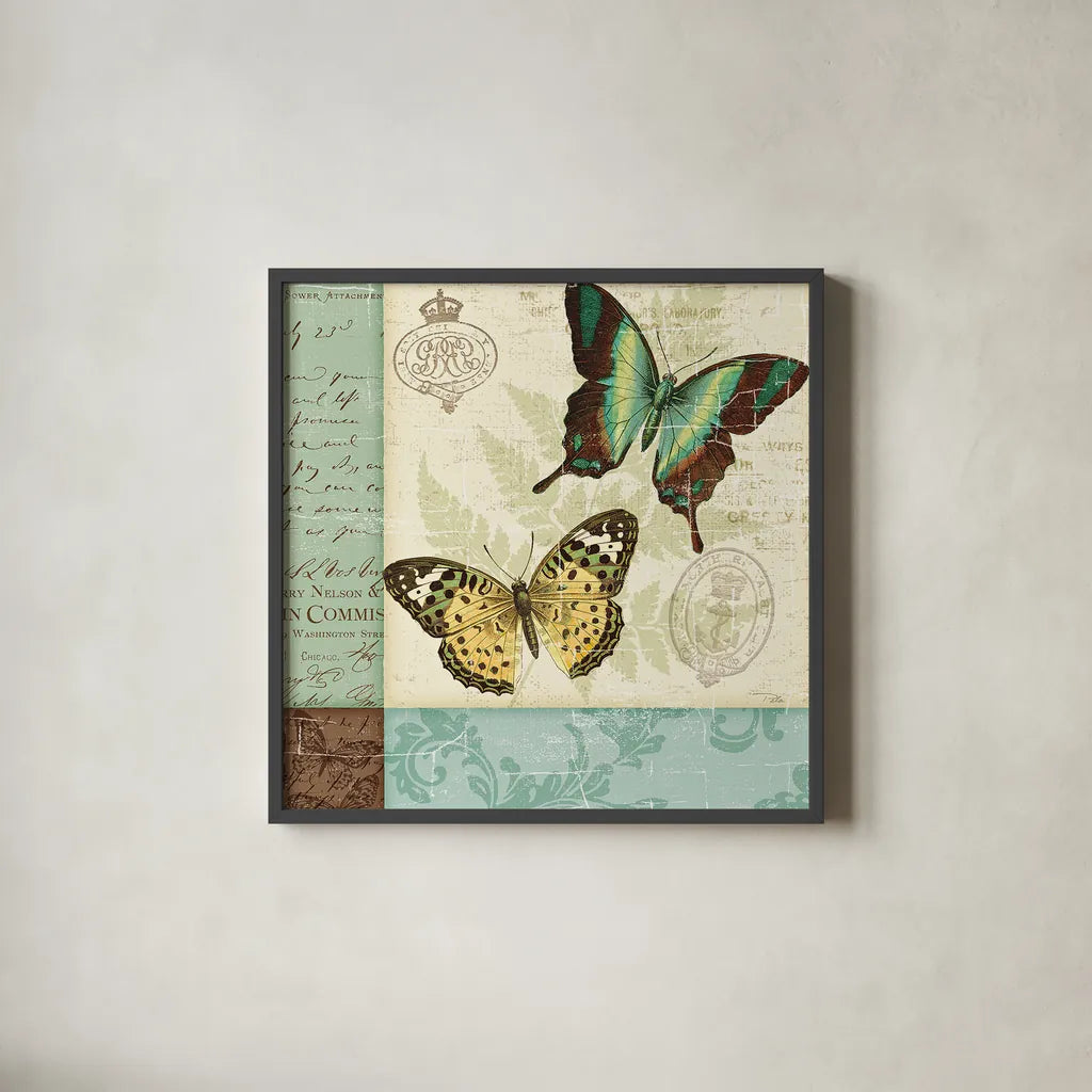 Butterfly Patchwork I by Pela Studio. Shown in a sleek black glass frame for a contemporary gallery look. Available as an archival giclee rolled canvas, fine art paper, or poster print. SKU 6872a.