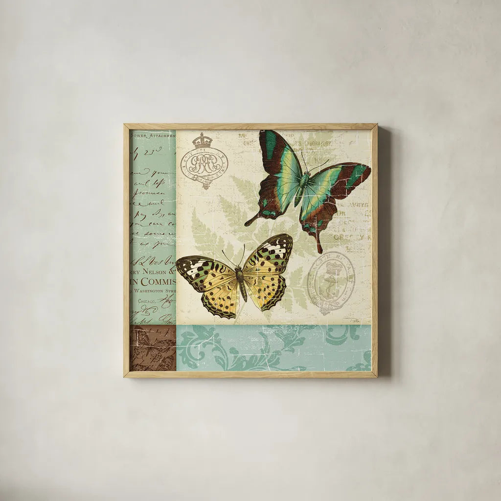Butterfly Patchwork I by Pela Studio. Shown in a natural wood glass frame for a timeless modern aesthetic. Available as an archival giclee rolled canvas, fine art paper, or poster print. SKU 6872a.