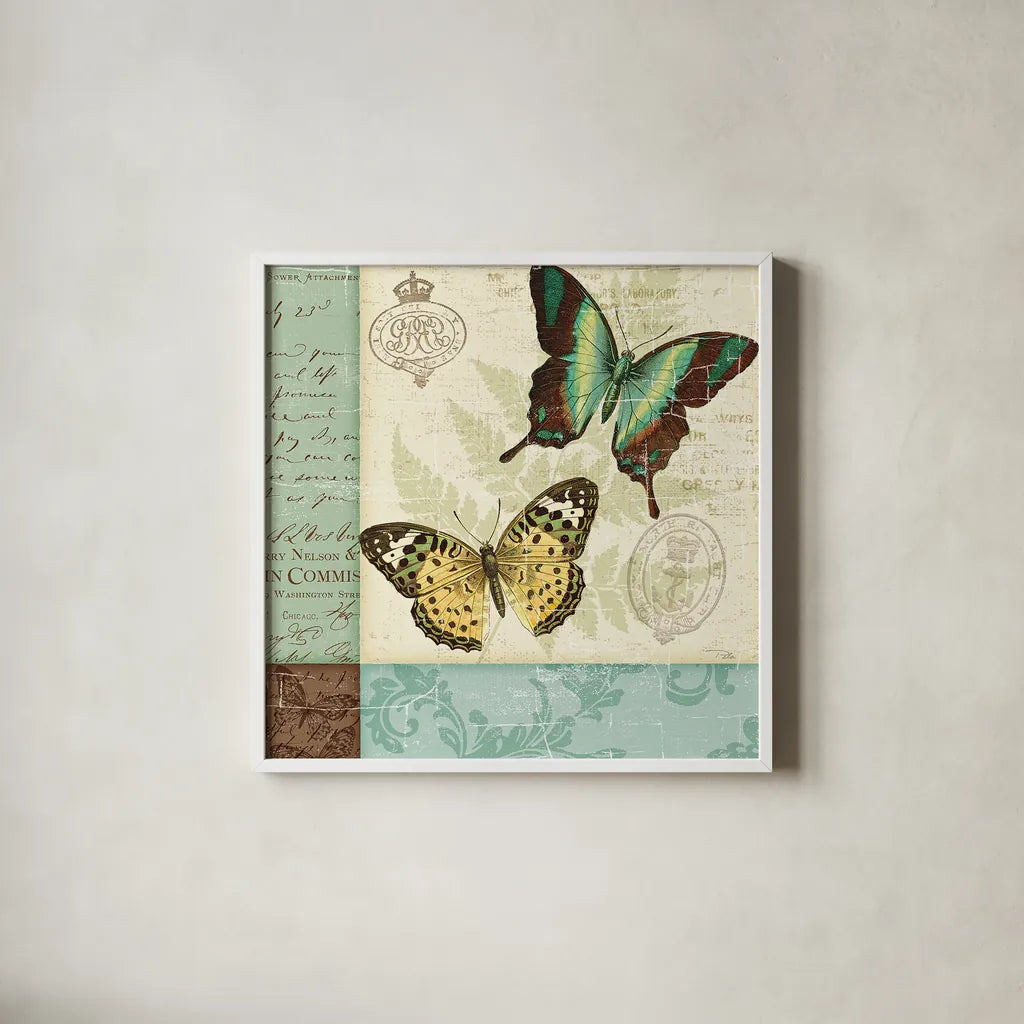 Butterfly Patchwork I by Pela Studio. Shown in a crisp white glass frame for a clean and minimalist style. Available as an archival giclee rolled canvas, fine art paper, or poster print. SKU 6872a.
