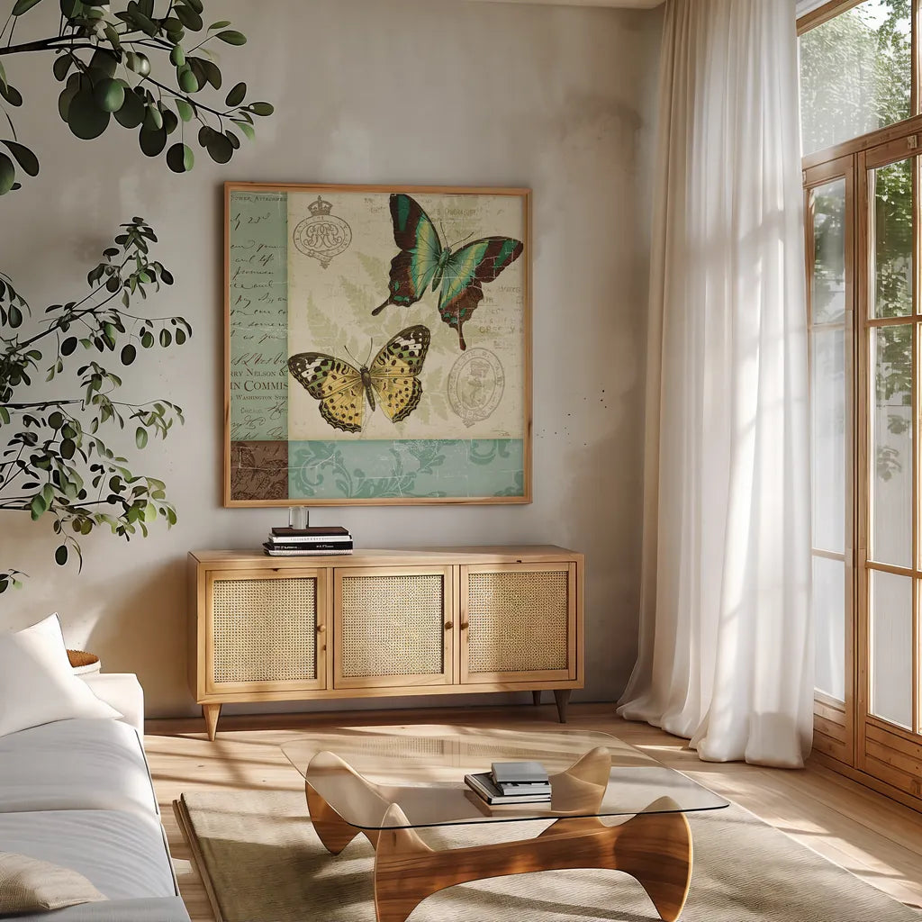 Butterfly Patchwork I by Pela Studio. Shown in a natural wood frame in a cozy modern living room. Available as an archival giclee rolled canvas, fine art paper, or poster print. SKU 6872a.
