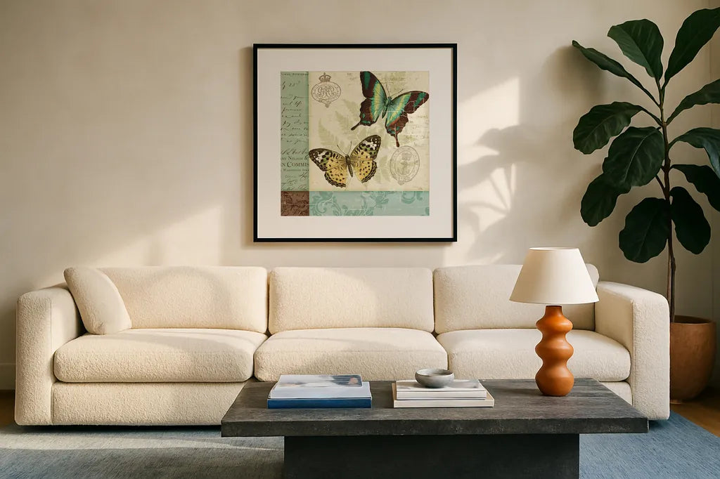 Butterfly Patchwork I by Pela Studio. Displayed in a glass frame with matte in a clean modern living room. Available as an archival giclee rolled canvas, fine art paper, or poster print. SKU 6872a.