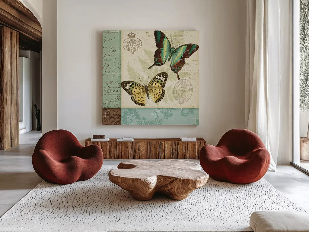 Butterfly Patchwork I by Pela Studio. Shown as extra-large giant wall art in a modern living room. Available as an archival giclee rolled canvas, fine art paper, or poster print. SKU 6872a.