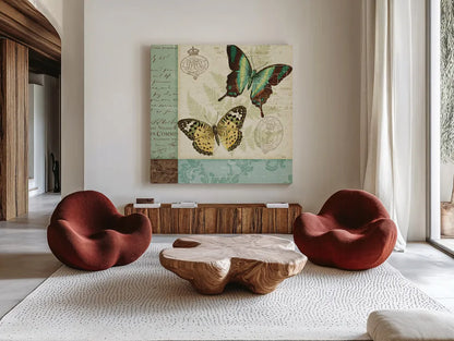 Butterfly Patchwork I by Pela Studio. Shown as extra-large giant wall art in a modern living room. Available as an archival giclee rolled canvas, fine art paper, or poster print. SKU 6872a.