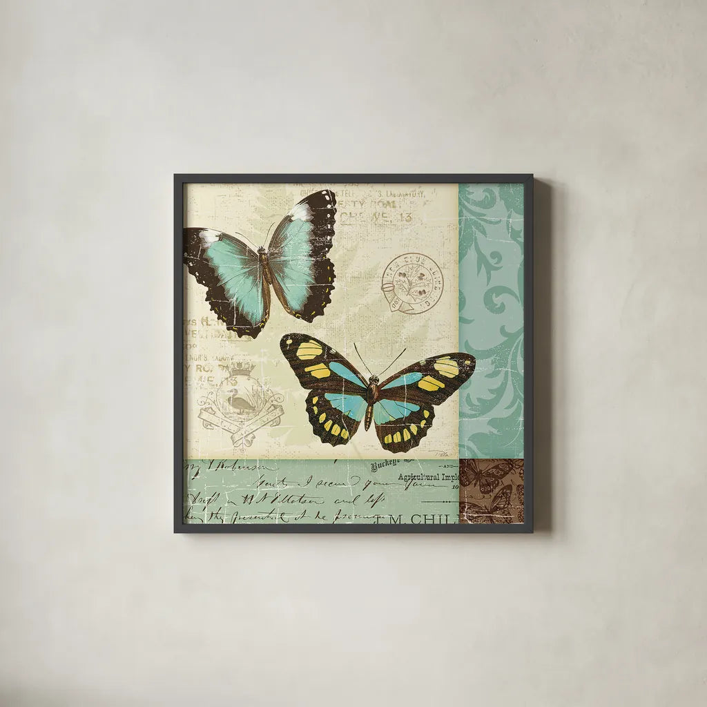 Butterfly Patchwork II by Pela Studio. Shown in a sleek black glass frame for a contemporary gallery look. Available as an archival giclee rolled canvas, fine art paper, or poster print. SKU 6873a.