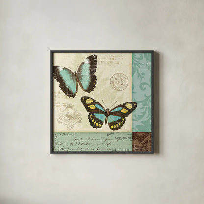 Butterfly Patchwork II by Pela Studio. Shown in a sleek black glass frame for a contemporary gallery look. Available as an archival giclee rolled canvas, fine art paper, or poster print. SKU 6873a.