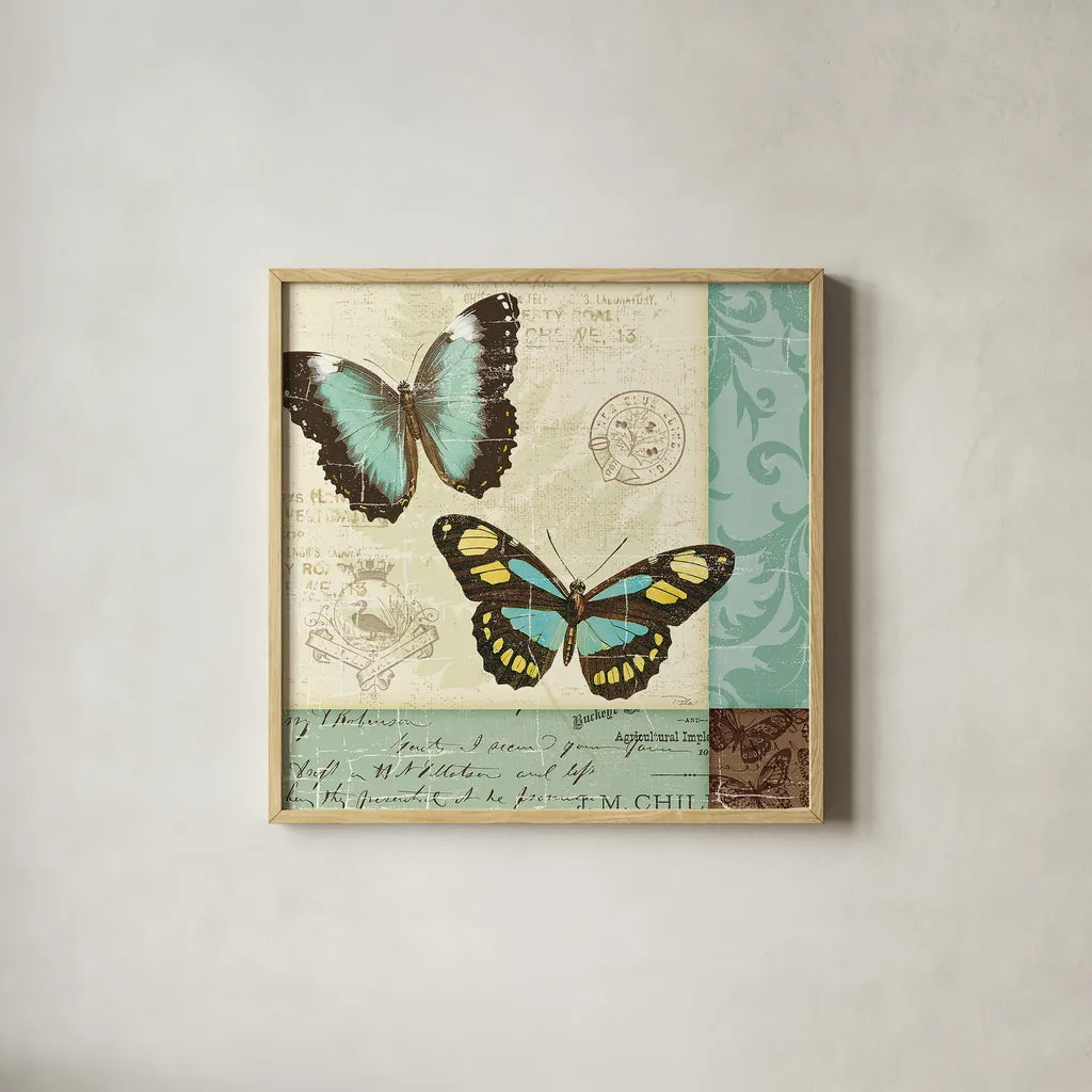 Butterfly Patchwork II by Pela Studio. Shown in a natural wood glass frame for a timeless modern aesthetic. Available as an archival giclee rolled canvas, fine art paper, or poster print. SKU 6873a.