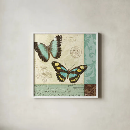 Butterfly Patchwork II by Pela Studio. Shown in a crisp white glass frame for a clean and minimalist style. Available as an archival giclee rolled canvas, fine art paper, or poster print. SKU 6873a.