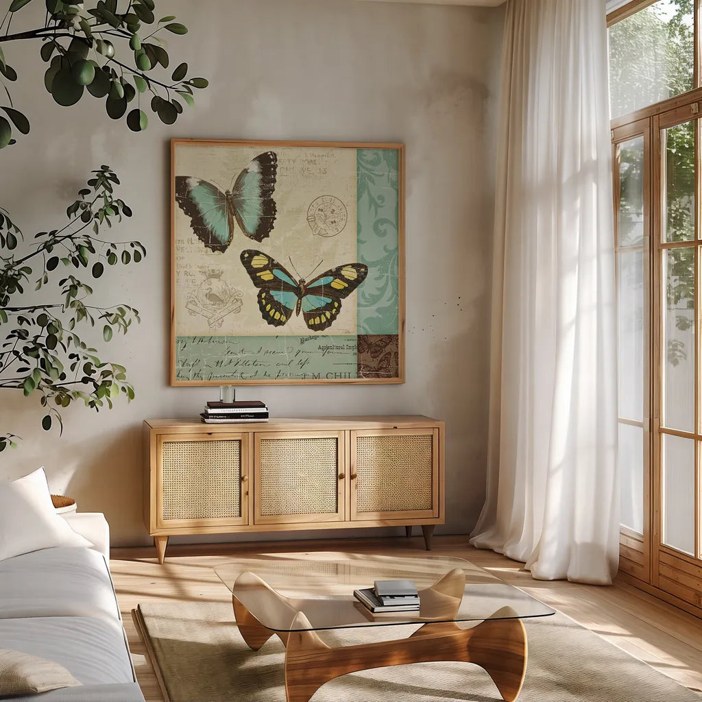Butterfly Patchwork II by Pela Studio. Shown in a natural wood frame in a cozy modern living room. Available as an archival giclee rolled canvas, fine art paper, or poster print. SKU 6873a.