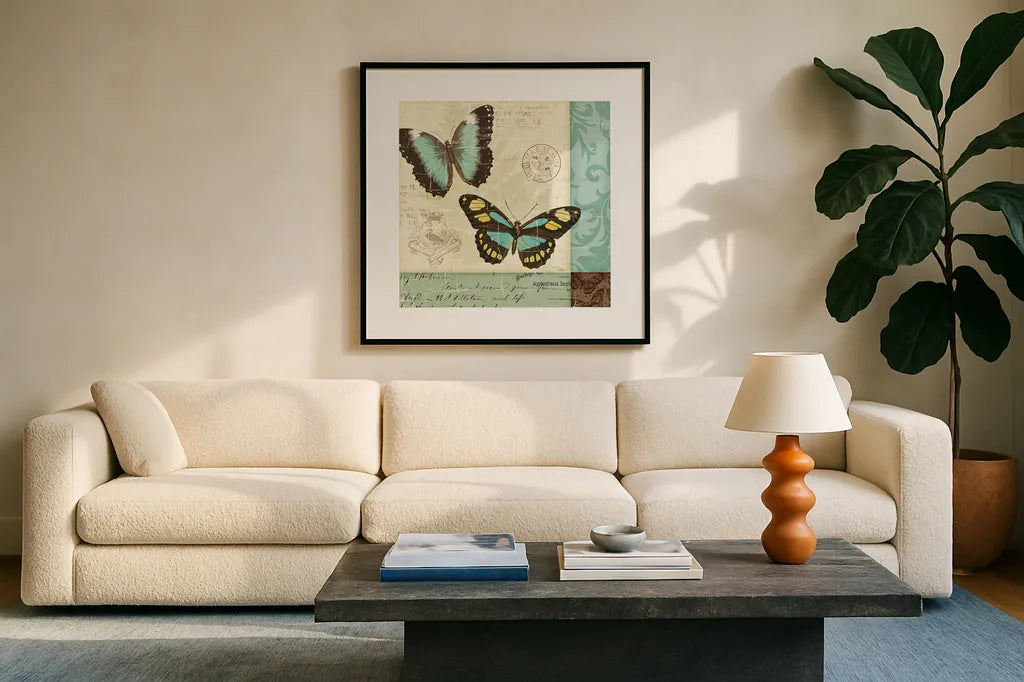 Butterfly Patchwork II by Pela Studio. Displayed in a glass frame with matte in a clean modern living room. Available as an archival giclee rolled canvas, fine art paper, or poster print. SKU 6873a.