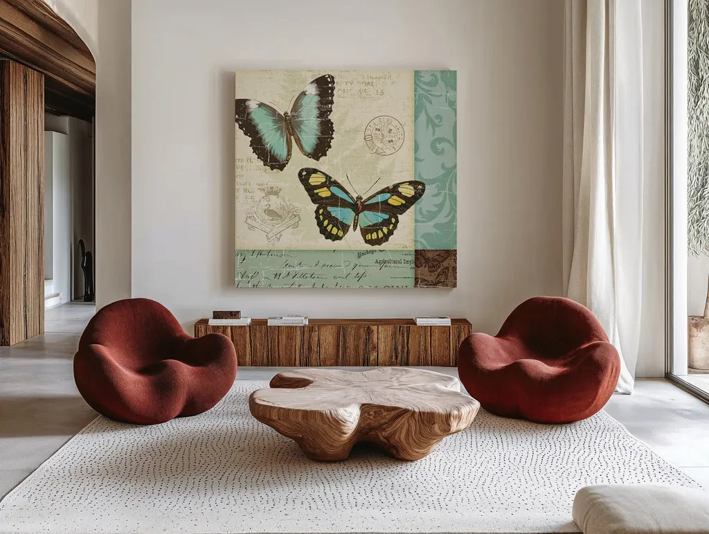 Butterfly Patchwork II by Pela Studio. Shown as extra-large giant wall art in a modern living room. Available as an archival giclee rolled canvas, fine art paper, or poster print. SKU 6873a.