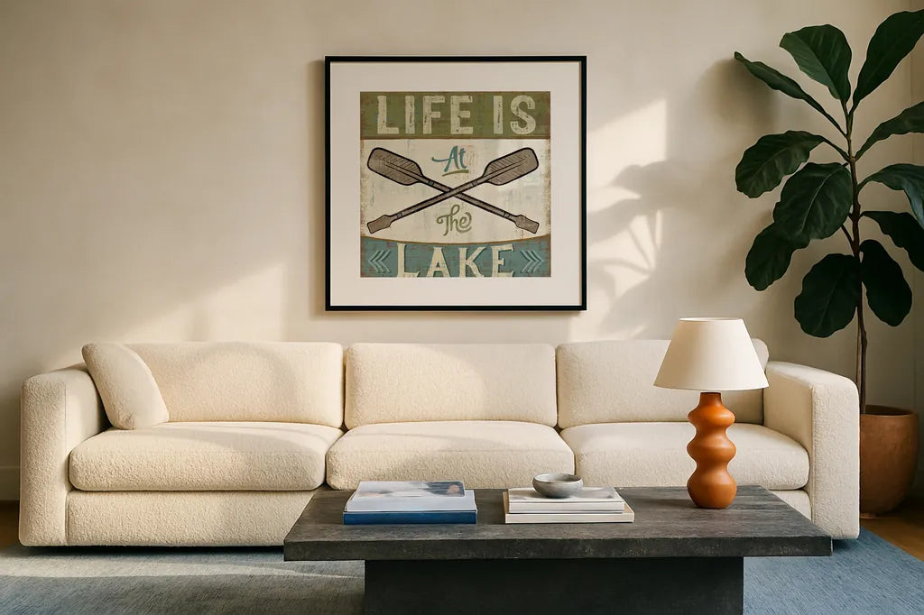 By the Lake I by Pela Studio. Displayed in a glass frame with matte in a clean modern living room. Available as an archival giclee rolled canvas, fine art paper, or poster print. SKU 21897a.