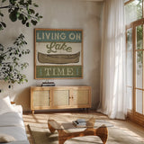 By the Lake II by Pela Studio. Shown in a natural wood frame in a cozy modern living room. Available as an archival giclee rolled canvas, fine art paper, or poster print. SKU 21898a.