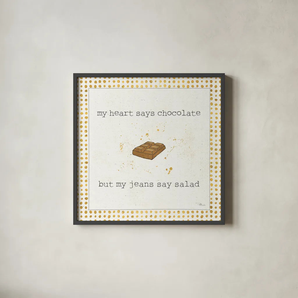 Calorie Cuties IV Dot Border by Pela Studio. Shown in a sleek black glass frame for a contemporary gallery look. Available as an archival giclee rolled canvas, fine art paper, or poster print. SKU 46174a.