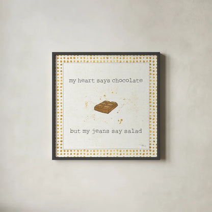 Calorie Cuties IV Dot Border by Pela Studio. Shown in a sleek black glass frame for a contemporary gallery look. Available as an archival giclee rolled canvas, fine art paper, or poster print. SKU 46174a.