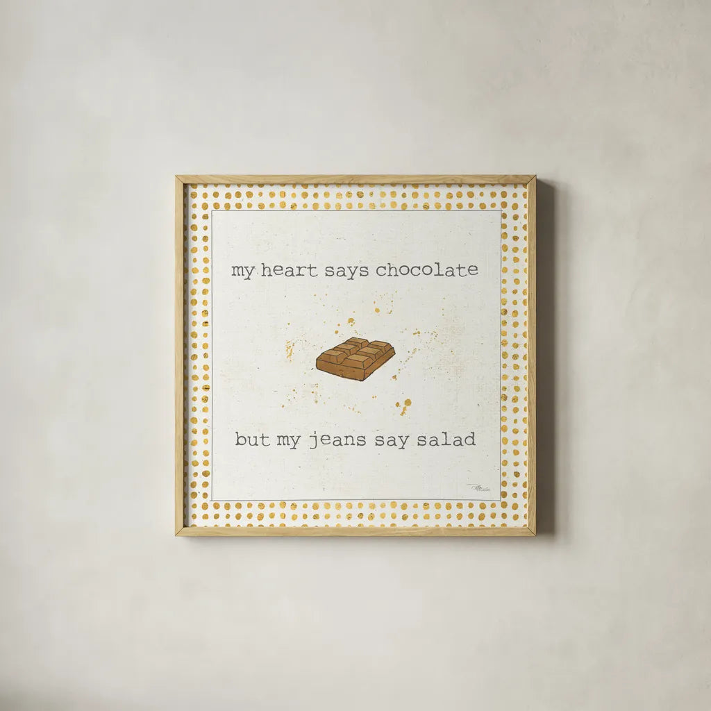 Calorie Cuties IV Dot Border by Pela Studio. Shown in a natural wood glass frame for a timeless modern aesthetic. Available as an archival giclee rolled canvas, fine art paper, or poster print. SKU 46174a.