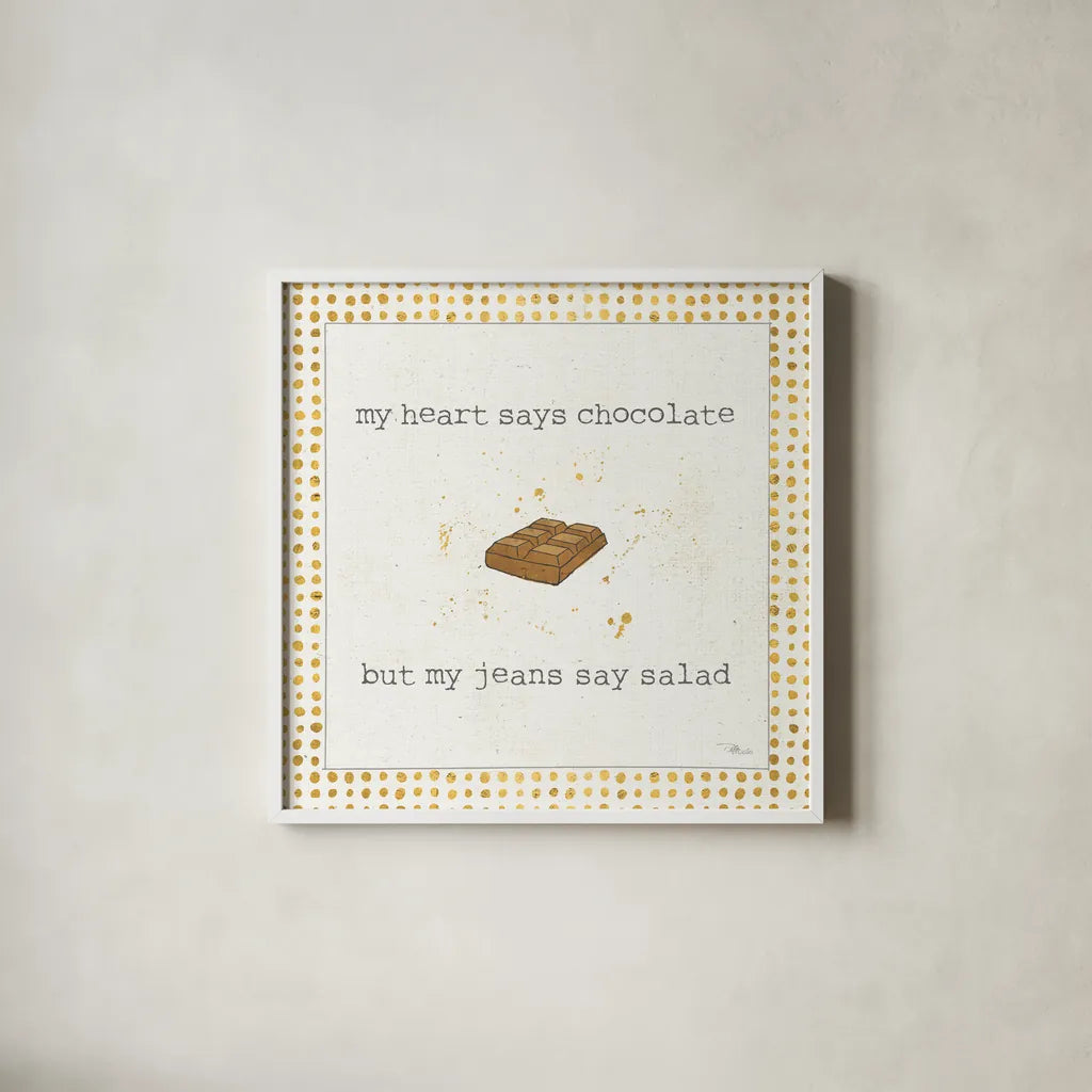 Calorie Cuties IV Dot Border by Pela Studio. Shown in a crisp white glass frame for a clean and minimalist style. Available as an archival giclee rolled canvas, fine art paper, or poster print. SKU 46174a.