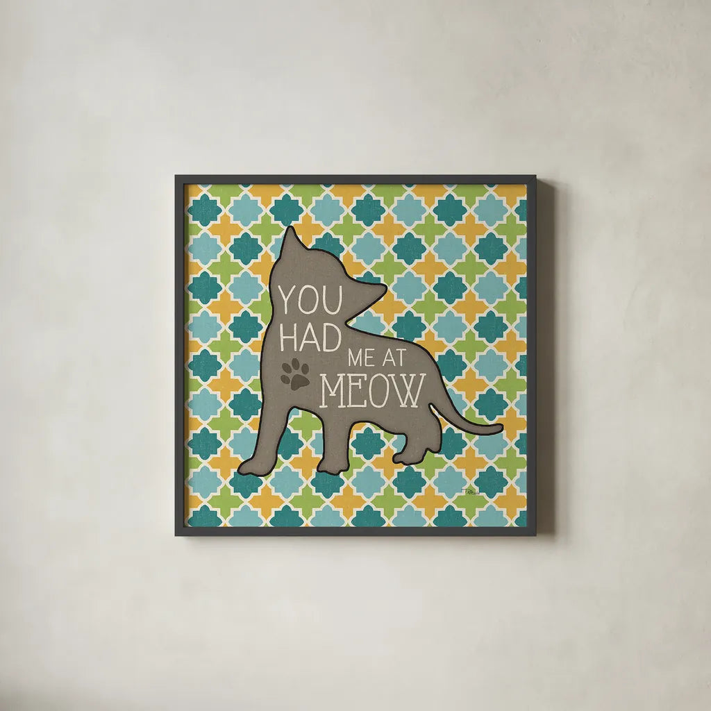 Cat Sayin II by Pela Studio. Shown in a sleek black glass frame for a contemporary gallery look. Available as an archival giclee rolled canvas, fine art paper, or poster print. SKU 14297a.