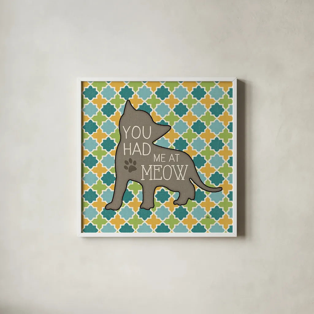 Cat Sayin II by Pela Studio. Shown in a crisp white glass frame for a clean and minimalist style. Available as an archival giclee rolled canvas, fine art paper, or poster print. SKU 14297a.