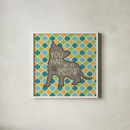 Cat Sayin II by Pela Studio. Shown in a crisp white glass frame for a clean and minimalist style. Available as an archival giclee rolled canvas, fine art paper, or poster print. SKU 14297a.