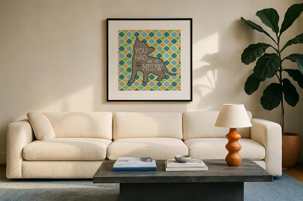 Cat Sayin II by Pela Studio. Displayed in a glass frame with matte in a clean modern living room. Available as an archival giclee rolled canvas, fine art paper, or poster print. SKU 14297a.