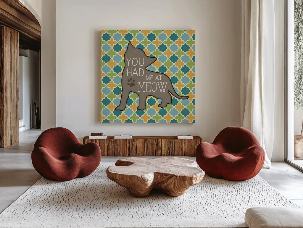 Cat Sayin II by Pela Studio. Shown as extra-large giant wall art in a modern living room. Available as an archival giclee rolled canvas, fine art paper, or poster print. SKU 14297a.