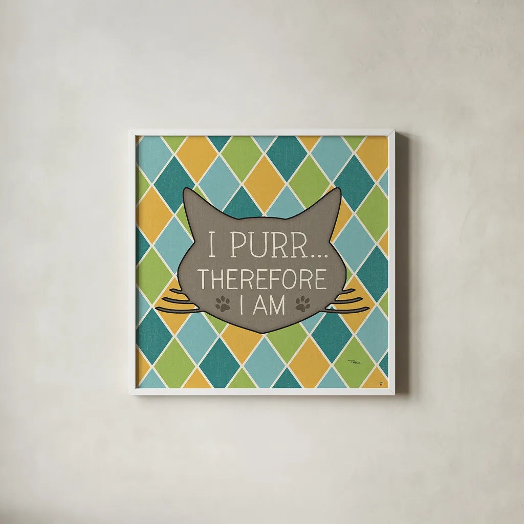 Cat Sayin III by Pela Studio. Shown in a crisp white glass frame for a clean and minimalist style. Available as an archival giclee rolled canvas, fine art paper, or poster print. SKU 14298a.