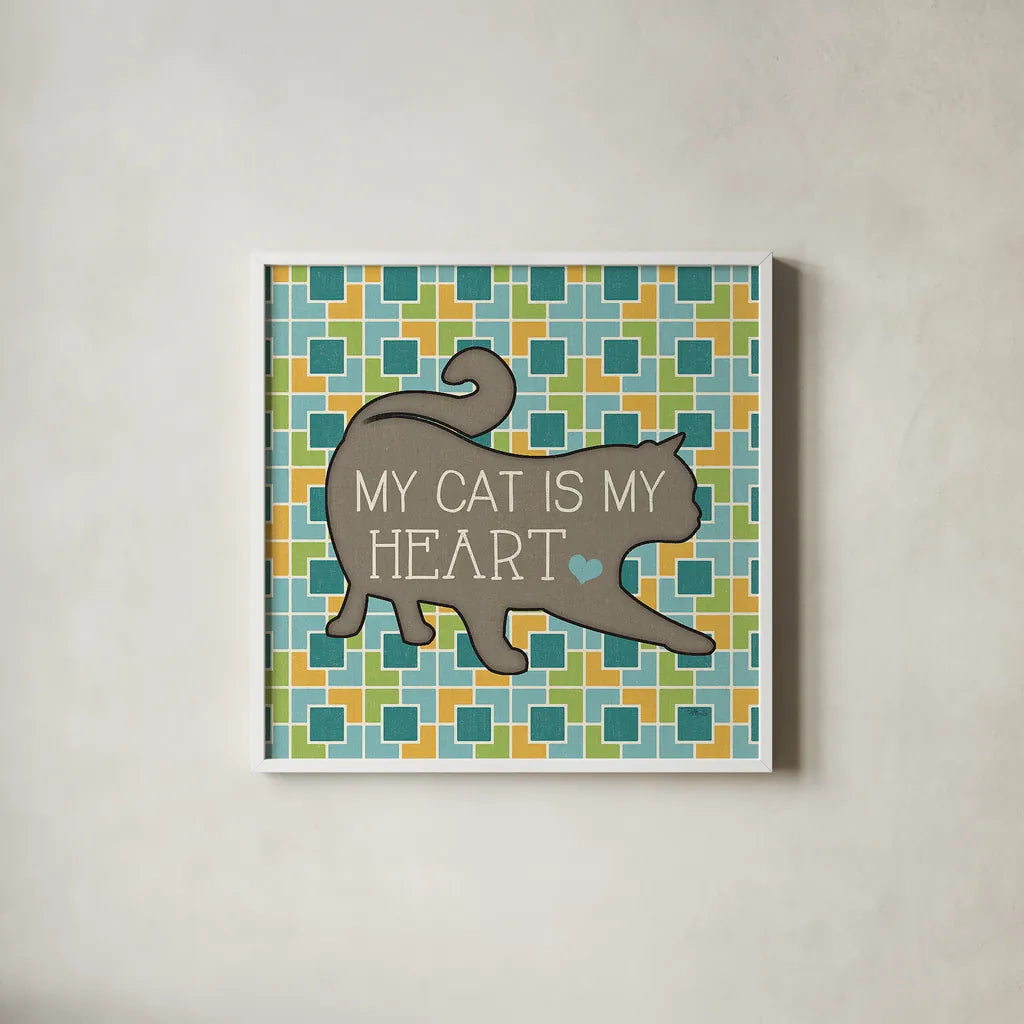 Cat Sayin IV by Pela Studio. Shown in a crisp white glass frame for a clean and minimalist style. Available as an archival giclee rolled canvas, fine art paper, or poster print. SKU 14299a.