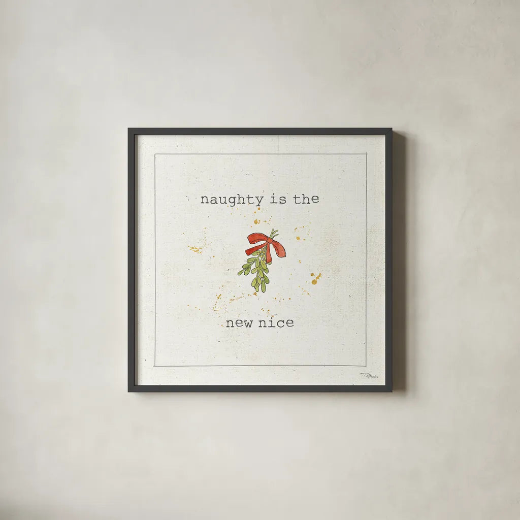 Christmas Cuties III - Naughty is the New Nice by Pela Studio. Shown in a sleek black glass frame for a contemporary gallery look. Available as an archival giclee rolled canvas, fine art paper, or poster print. SKU 30847a.