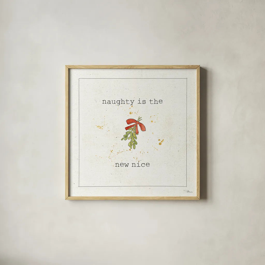 Christmas Cuties III - Naughty is the New Nice by Pela Studio. Shown in a natural wood glass frame for a timeless modern aesthetic. Available as an archival giclee rolled canvas, fine art paper, or poster print. SKU 30847a.