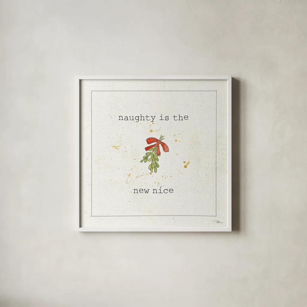 Christmas Cuties III - Naughty is the New Nice by Pela Studio. Shown in a crisp white glass frame for a clean and minimalist style. Available as an archival giclee rolled canvas, fine art paper, or poster print. SKU 30847a.