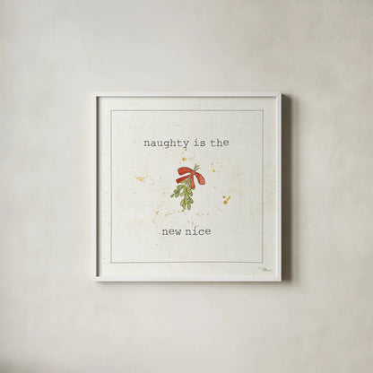 Christmas Cuties III - Naughty is the New Nice by Pela Studio. Shown in a crisp white glass frame for a clean and minimalist style. Available as an archival giclee rolled canvas, fine art paper, or poster print. SKU 30847a.