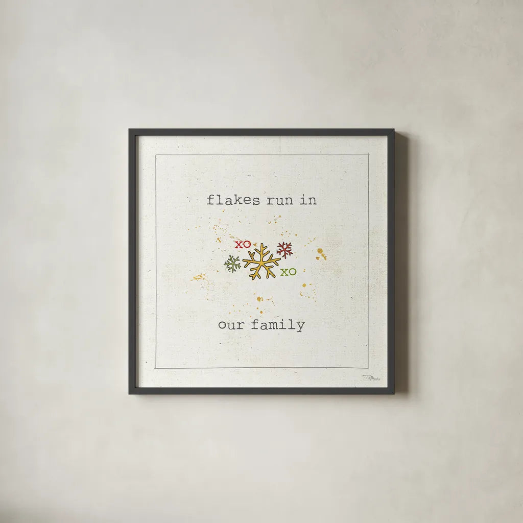 Christmas Cuties V - Flakes Run in Our Family by Pela Studio. Shown in a sleek black glass frame for a contemporary gallery look. Available as an archival giclee rolled canvas, fine art paper, or poster print. SKU 30848a.
