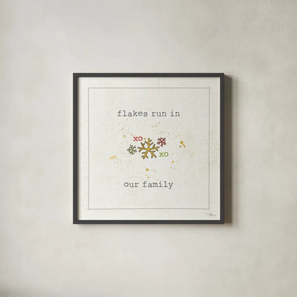 Christmas Cuties V - Flakes Run in Our Family by Pela Studio. Shown in a sleek black glass frame for a contemporary gallery look. Available as an archival giclee rolled canvas, fine art paper, or poster print. SKU 30848a.