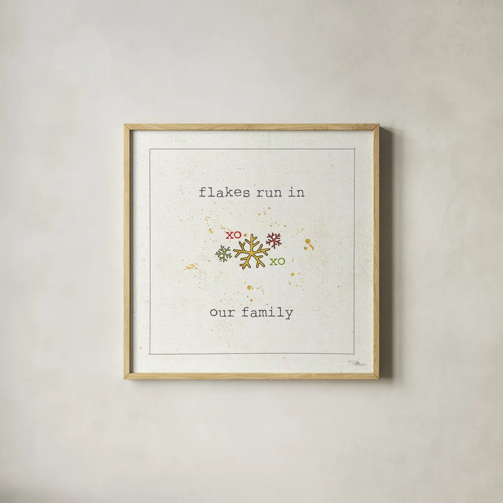 Christmas Cuties V - Flakes Run in Our Family by Pela Studio. Shown in a natural wood glass frame for a timeless modern aesthetic. Available as an archival giclee rolled canvas, fine art paper, or poster print. SKU 30848a.