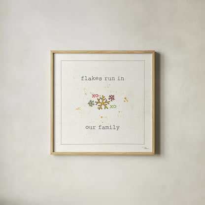 Christmas Cuties V - Flakes Run in Our Family by Pela Studio. Shown in a natural wood glass frame for a timeless modern aesthetic. Available as an archival giclee rolled canvas, fine art paper, or poster print. SKU 30848a.